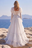 White A Line Lace Ruffled Long Sleeve Wedding Dress