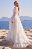 White A Line Lace Ruffled Long Sleeve Wedding Dress