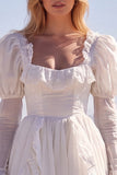 White A Line Lace Ruffled Long Sleeve Wedding Dress
