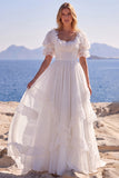 Boho White Lace A Line Wedding Dress with Puff Sleeves