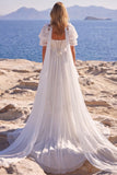 Boho White Lace A Line Wedding Dress with Puff Sleeves