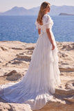Boho White Lace A Line Wedding Dress with Puff Sleeves