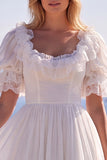 Boho White Lace A Line Wedding Dress with Puff Sleeves