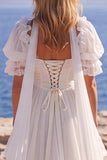 Boho White Lace A Line Wedding Dress with Puff Sleeves