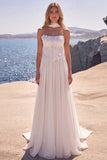 Corset White Strapless A Line Wedding Dress with Ribbon