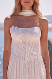Corset White Strapless A Line Wedding Dress with Ribbon