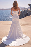 Cold Shoulder Mermaid Corset White Wedding Dress with Court Train
