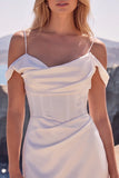 Cold Shoulder Mermaid Corset White Wedding Dress with Court Train