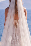 Boho White Strapless Corset A Line Lace Wedding Dress