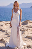 Mermaid Satin White V Neck Wedding Dress with Lace