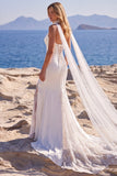 Mermaid Satin White V Neck Wedding Dress with Lace