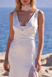 Mermaid Satin White V Neck Wedding Dress with Lace