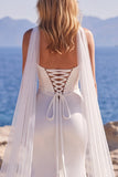 Mermaid Satin White V Neck Wedding Dress with Lace
