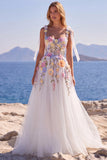White A Line Tulle Wedding Dress with 3D Flowers