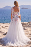 White A Line Tulle Wedding Dress with 3D Flowers