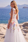 White A Line Tulle Wedding Dress with 3D Flowers