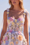 White A Line Tulle Wedding Dress with 3D Flowers