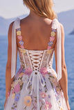 White A Line Tulle Wedding Dress with 3D Flowers