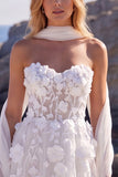 Sweetheart 3D Flower Applique White A Line Wedding Dress with Scarf