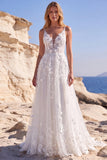 White A Line 3D Flower Long Wedding Dress with Lace-up Back