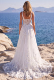 White A Line 3D Flower Long Wedding Dress with Lace-up Back