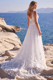 White A Line 3D Flower Long Wedding Dress with Lace-up Back