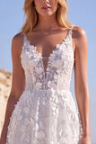 White A Line 3D Flower Long Wedding Dress with Lace-up Back