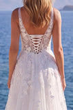 White A Line 3D Flower Long Wedding Dress with Lace-up Back
