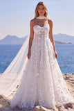 Sweetheart Sequin Floral Corset A Line White Wedding Dress with Scarf