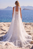Sweetheart Sequin Floral Corset A Line White Wedding Dress with Scarf