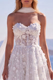 Sweetheart Sequin Floral Corset A Line White Wedding Dress with Scarf