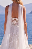Sweetheart Sequin Floral Corset A Line White Wedding Dress with Scarf