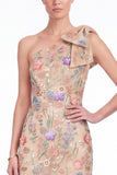 One Shoulder Black Floral Embroidered Mermaid Maxi Dress with Bow