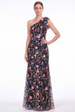 One Shoulder Black Floral Embroidered Mermaid Maxi Dress with Bow