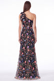 One Shoulder Black Floral Embroidered Mermaid Maxi Dress with Bow