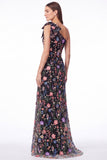 One Shoulder Black Floral Embroidered Mermaid Maxi Dress with Bow