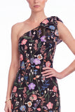 One Shoulder Black Floral Embroidered Mermaid Maxi Dress with Bow