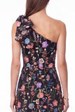 One Shoulder Black Floral Embroidered Mermaid Maxi Dress with Bow