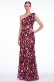 One Shoulder Black Floral Embroidered Mermaid Maxi Dress with Bow
