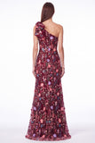 One Shoulder Black Floral Embroidered Mermaid Maxi Dress with Bow