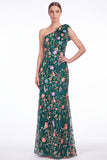 One Shoulder Black Floral Embroidered Mermaid Maxi Dress with Bow