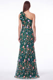 One Shoulder Black Floral Embroidered Mermaid Maxi Dress with Bow