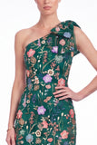 One Shoulder Black Floral Embroidered Mermaid Maxi Dress with Bow
