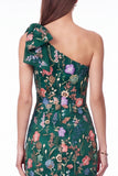 One Shoulder Black Floral Embroidered Mermaid Maxi Dress with Bow