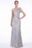 One Shoulder Black Floral Embroidered Mermaid Maxi Dress with Bow