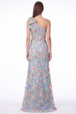One Shoulder Black Floral Embroidered Mermaid Maxi Dress with Bow