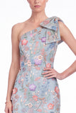 One Shoulder Black Floral Embroidered Mermaid Maxi Dress with Bow