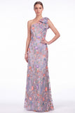 One Shoulder Black Floral Embroidered Mermaid Maxi Dress with Bow