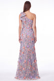 One Shoulder Black Floral Embroidered Mermaid Maxi Dress with Bow