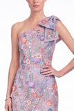 One Shoulder Black Floral Embroidered Mermaid Maxi Dress with Bow